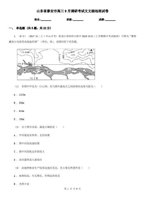 山东省泰安市高三9月调研考试文文综地理试卷