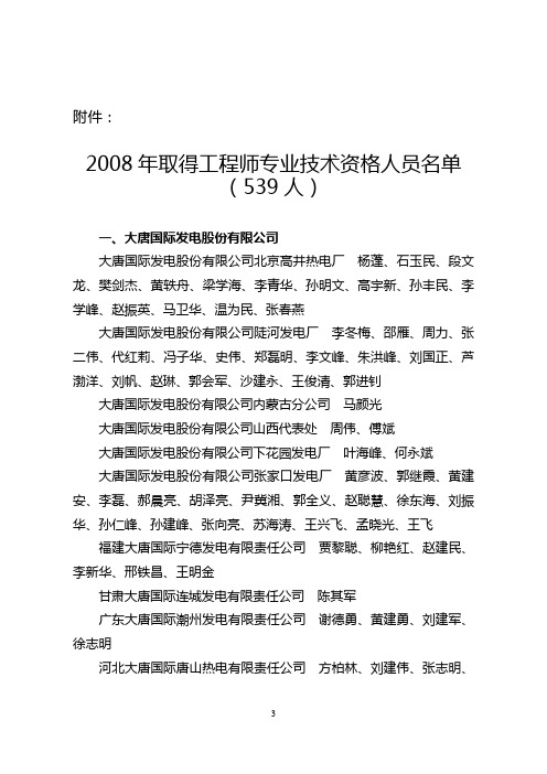 2008年取得工程师专业技术资格人员名单