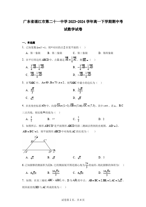 广东省湛江市第二十一中学2023-2024学年高一下学期期中考试数学试卷