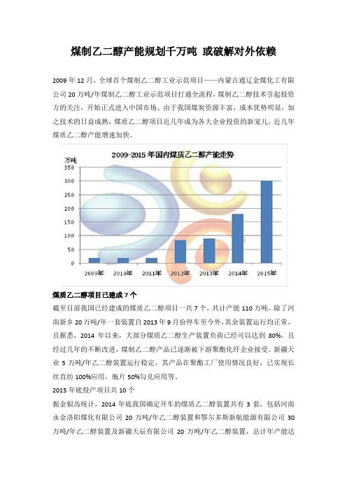 煤制乙二醇产能规划千万吨 或破解对外依赖