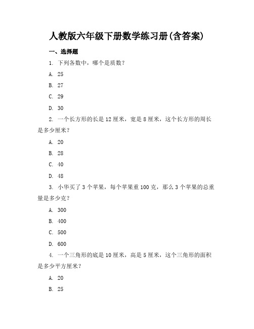 人教版六年级下册数学练习册(含答案)