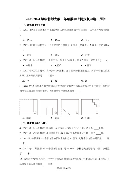 2023-2024学年北师大版三年级数学上同步复习题：周长(附答案解析)