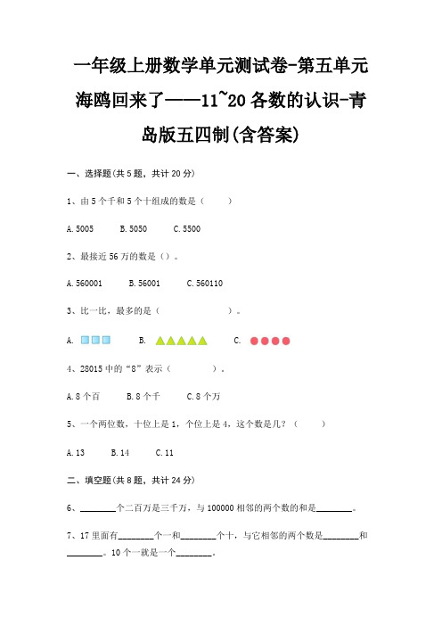 一年级上册数学单元测试卷-第五单元 海鸥回来了——11~20各数的认识-青岛版五四制(含答案)