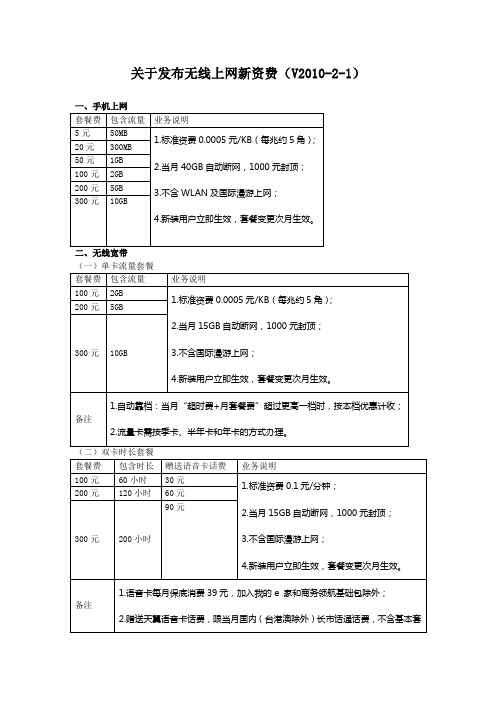 无线上网新资费