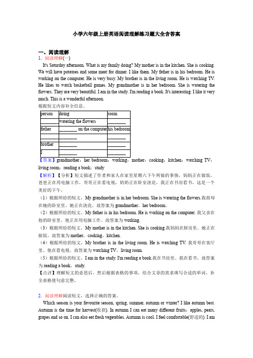 小学六年级上册英语阅读理解练习题大全含答案