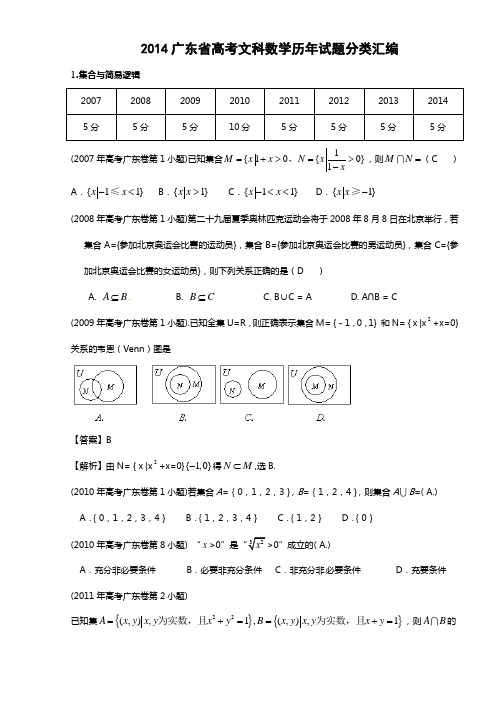 2014广东省高考文科数学历年试题含答案分类汇编(2007——2014)