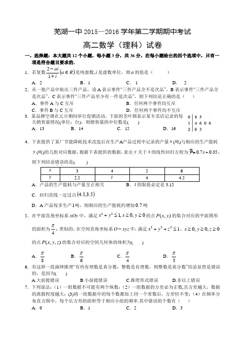 2015-2016学年安徽省芜湖市第一中学高二下学期期中考试数学(理)试题