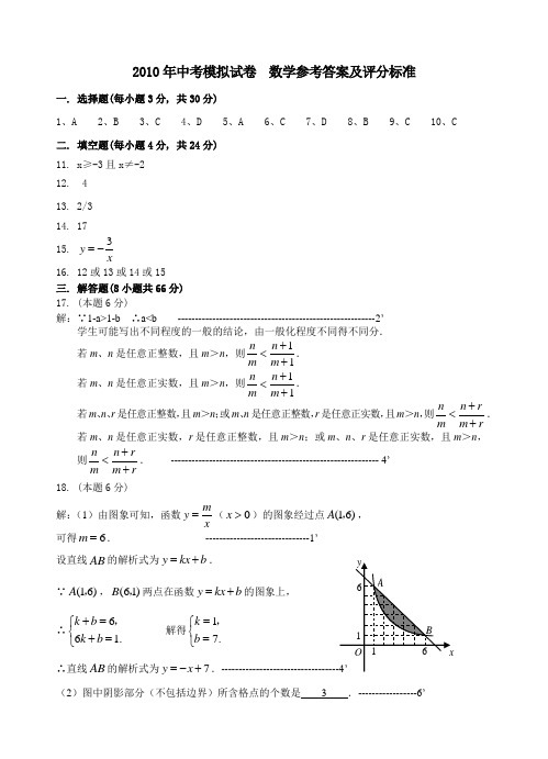 2010年中考模拟试卷  数学参考答案及评分标准