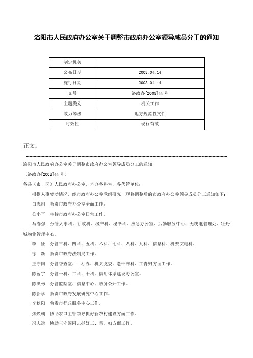 洛阳市人民政府办公室关于调整市政府办公室领导成员分工的通知-洛政办[2008]44号