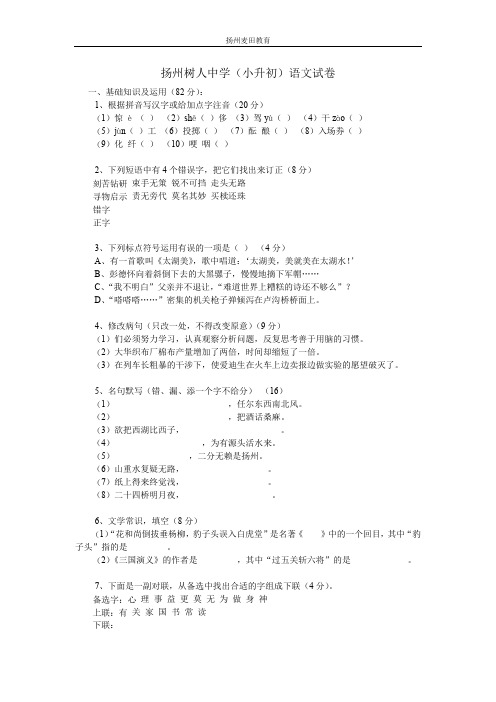 扬州树人中学(小升初)语文试卷   ②不知不觉我已站在了离村子挺远的一座土