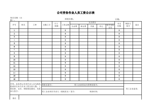 公司劳务作业人员工资公示表