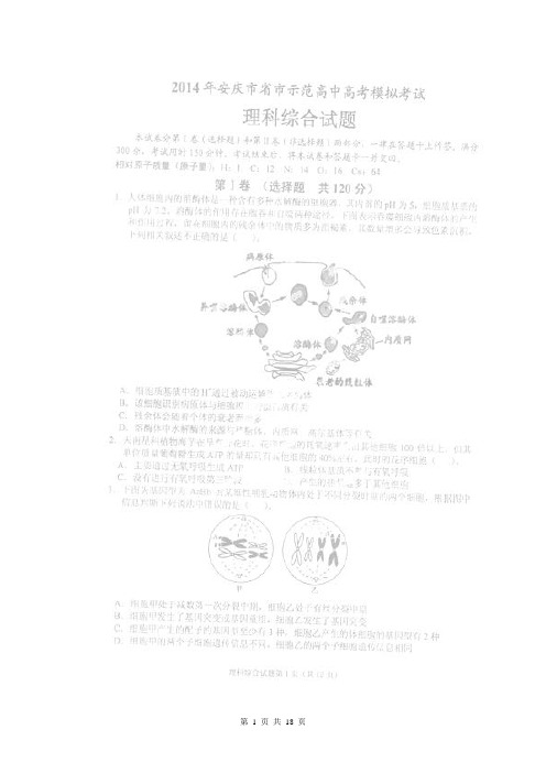 安徽省安庆市示范高中2014届高三下学期模拟考试理综试题(扫描版)