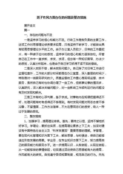 班子作风方面存在的问题及整改措施