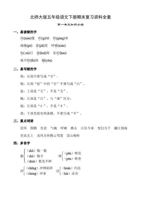 北师大版五年级语文下册期末复习资料全套