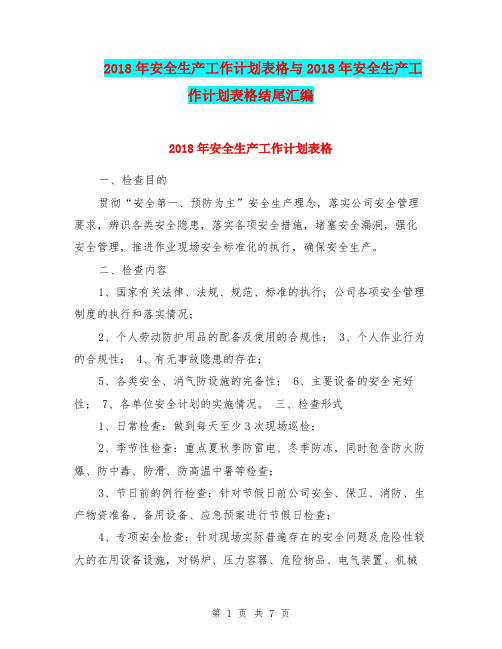2018年安全生产工作计划表格与2018年安全生产工作计划表格结尾汇编.doc