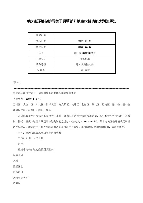 重庆市环境保护局关于调整部分地表水域功能类别的通知-渝环发[2009]110号