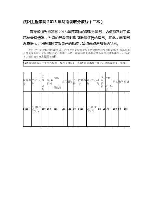 沈阳工程学院2013年河南录取分数线（二本）