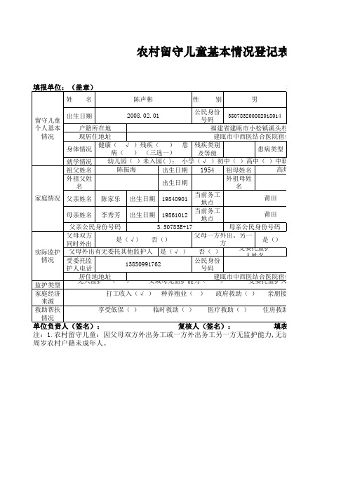 农村留守儿童基本情况登记表