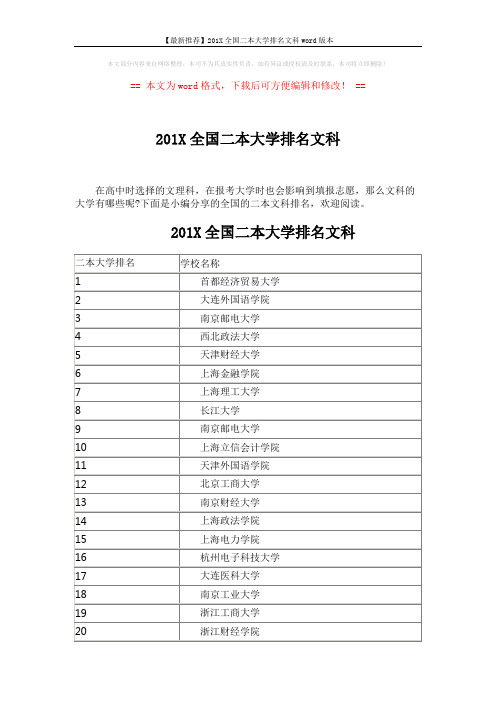 【最新推荐】201X全国二本大学排名文科word版本 (4页)