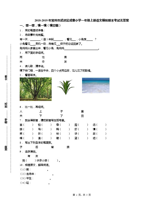 2018-2019年常州市武进区成章小学一年级上册语文模拟期末考试无答案