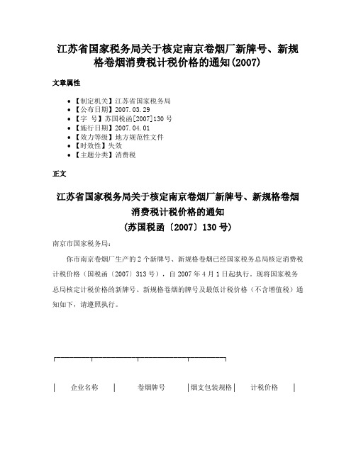 江苏省国家税务局关于核定南京卷烟厂新牌号、新规格卷烟消费税计税价格的通知(2007)