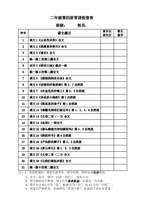 二年级第四册背诵课文检查表