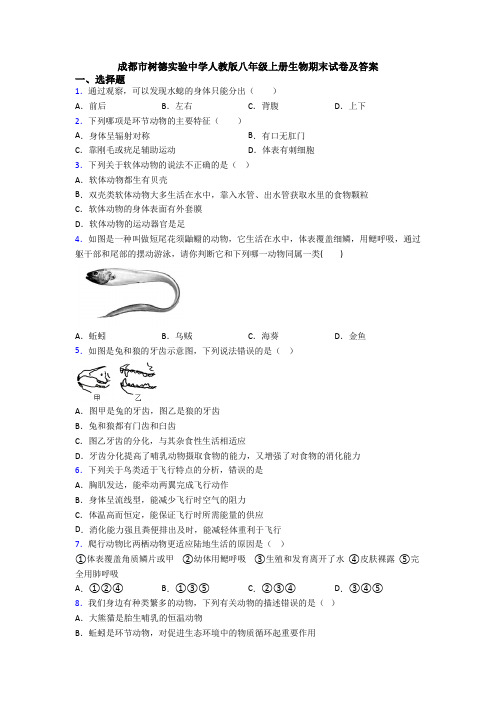 成都市树德实验中学人教版八年级上册生物期末试卷及答案