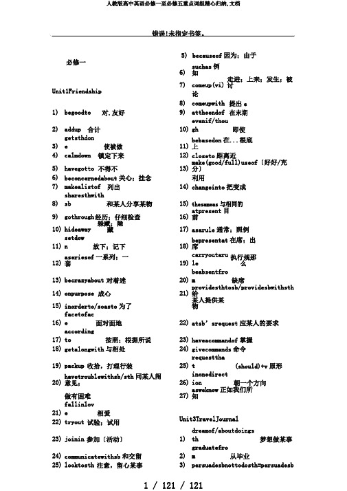 人教版高中英语必修一至必修五重点词组精心归纳,文档