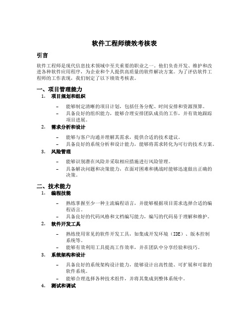 软件工程师绩效考核表