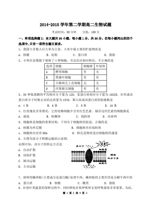 2014-2015学年度高二生物检测试题(含参考答案)