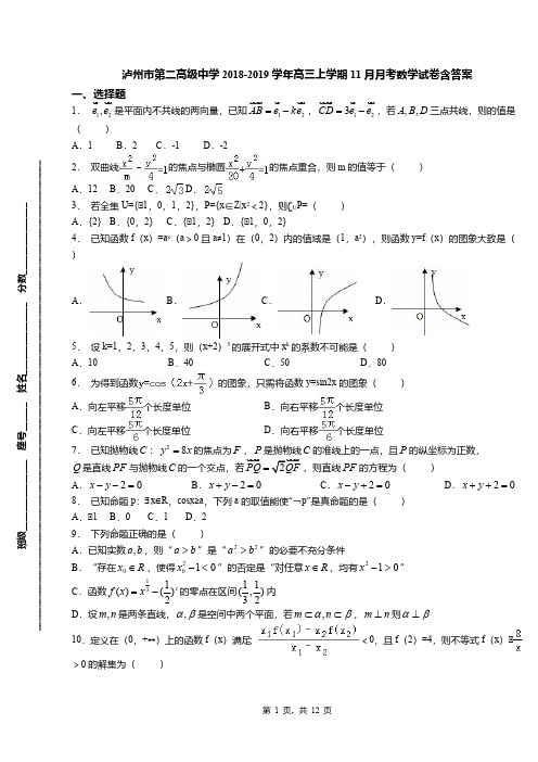 泸州市第二高级中学2018-2019学年高三上学期11月月考数学试卷含答案