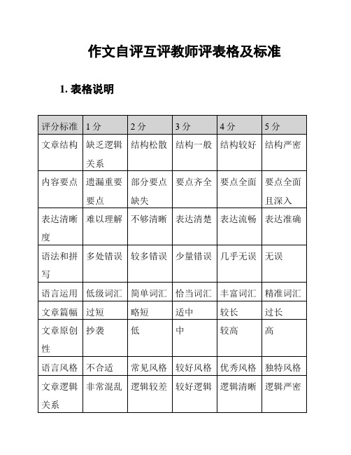 作文自评互评教师评表格及标准