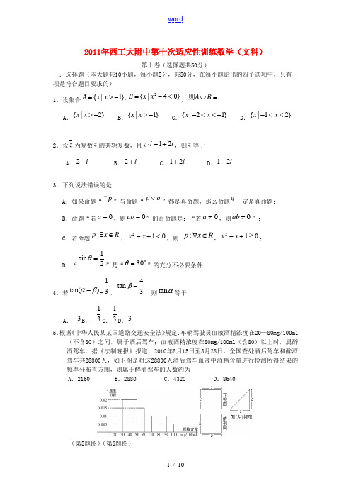 陕西省西工大附中2011届高三数学第十次适应性训练 文【会员独享】