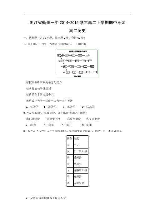 高二历史上期中-衢州一中2014-2015学年高二上学期期中考试历史试题及答案