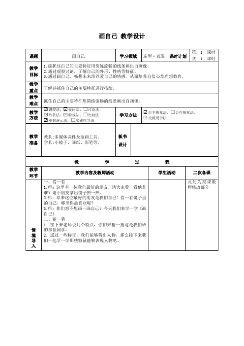 美术人美一年级下册(2012年新编)第8课 画自己(教案)人美版