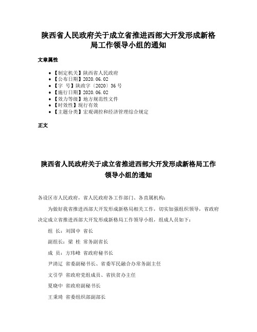 陕西省人民政府关于成立省推进西部大开发形成新格局工作领导小组的通知