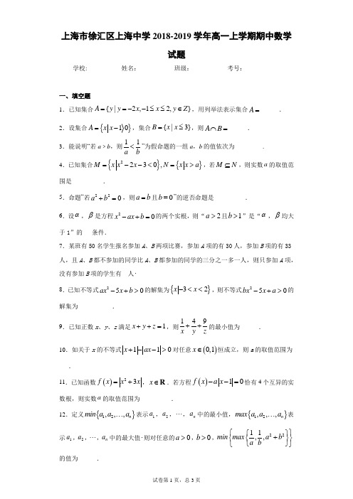 上海市徐汇区上海中学2018-2019学年高一上学期期中数学试题