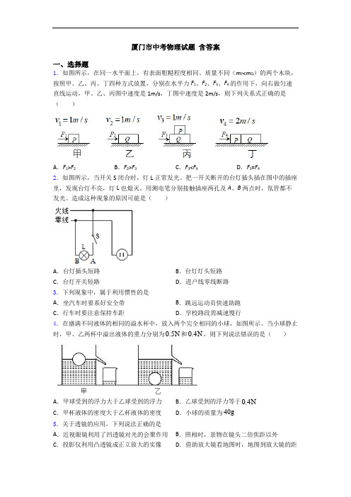 厦门市中考物理试题 含答案