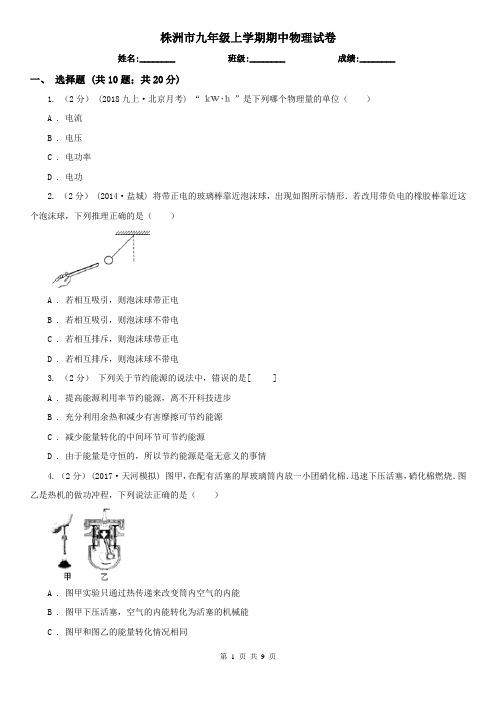 株洲市九年级上学期期中物理试卷