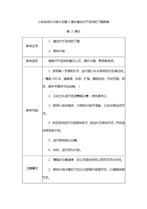小学足球队训练计划第2课时增加对于足球的了解教案