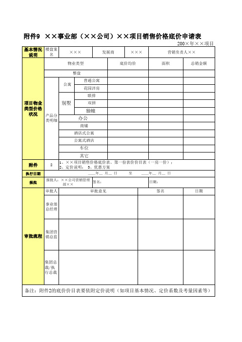 销售价格底价申请表