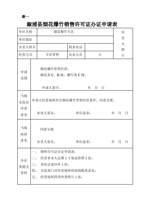 烟花爆竹销售许可证办证申请表