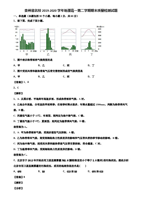 贵州省名校2019-2020学年地理高一第二学期期末质量检测试题含解析