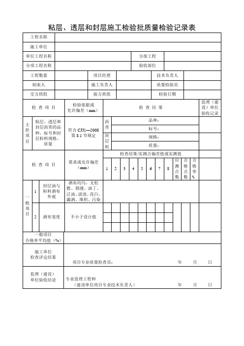 粘层、透层和封层施工检验批质量检验记录表