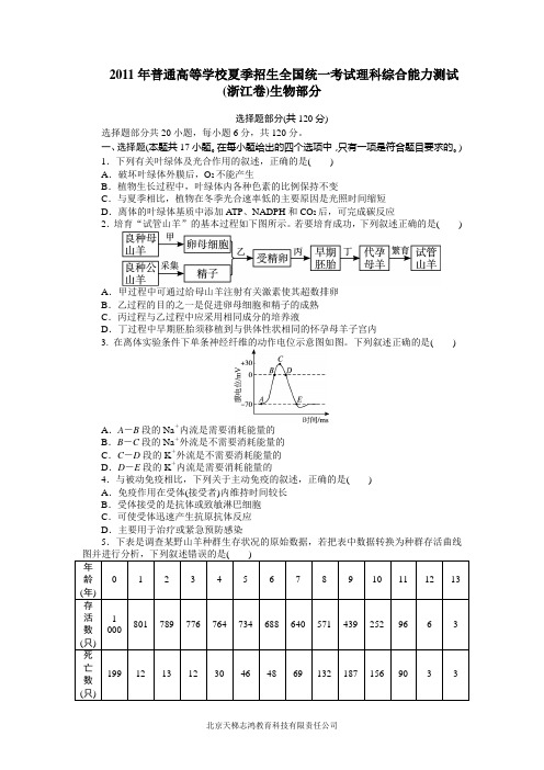 2011年普通高等学校夏季招生全国统一考试理科综合能力测试(浙江卷)生物部分