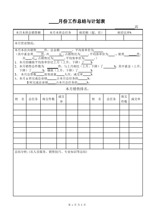 月份工作总结与计划表