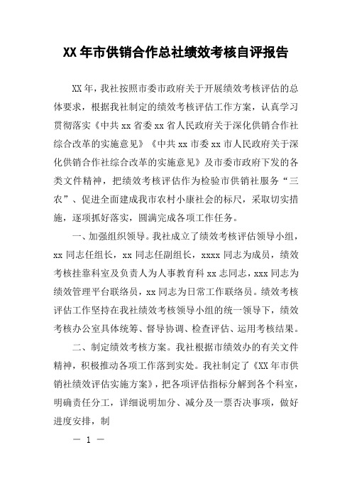 XX年市供销合作总社绩效考核自评报告