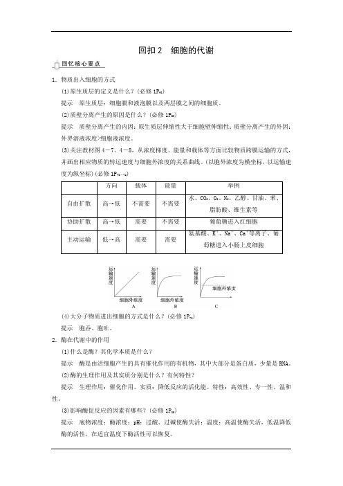 2015届高三生物二轮优化训练：10个专题知识精彩回扣2 细胞的代谢