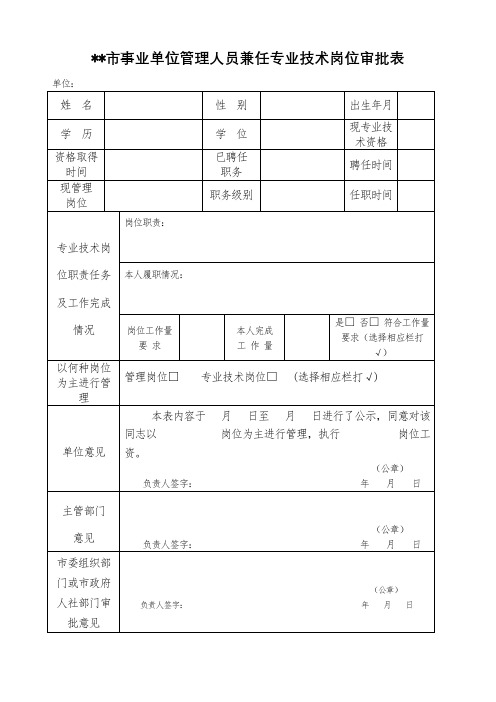 XX市事业单位管理人员兼任专业技术岗位审批表【模板】