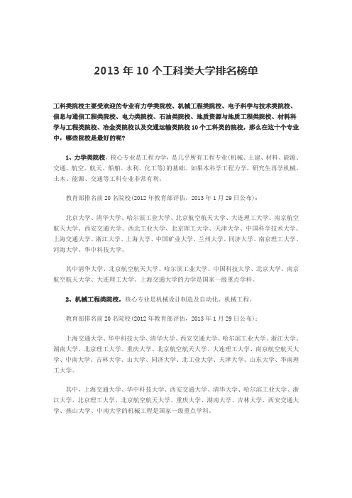 2013年10个工科类大学排名榜单